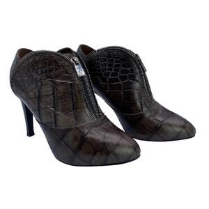 H | Williams Women Brown Croc Print Leather Pointed Toe Heeled Ankle Booties 37
